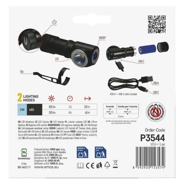 Фото - Ліхтар налобний EMOS LED P3544 500Lm Li-Ion 800 mAh налоб.пласт.